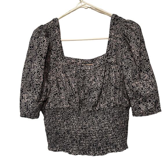 Universal Thread Square Neck Smock Top Peasant Navy Floral L Cropped Sleeve Boho - Picture 1 of 5